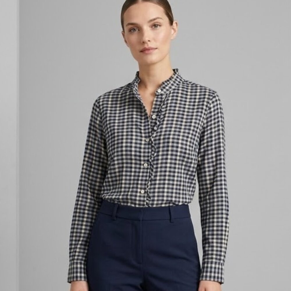 Birds of Paradis by Trovata Plaid Ruffle Collar Shirt Size Small